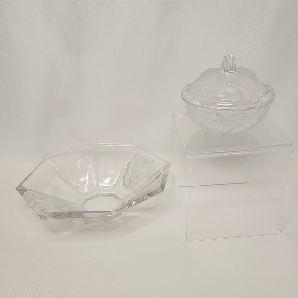 Vintage Mikasa Crystal Octagon Bowl Frosted Roses with Matching Candy Dish